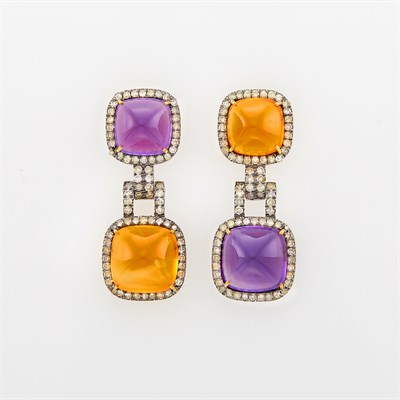 Lot 1069 - Pair of Silver, Cabochon Amethyst and Citrine and Diamond Pendant-Earrings