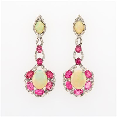 Lot 1082 - Pair of Silver, Opal, Pink Tourmaline and Diamond Pendant-Earrings