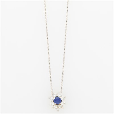 Lot 1191 - Tiffany & Co. Platinum, Sapphire and Diamond Pendant-Necklace