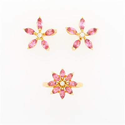 Lot 1226 - Asprey Pair of Gold, Pink Tourmaline and Diamond Flower Earrings and Ring