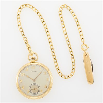 Lot 1144 - Hamilton Gold 'Mickey Mouse' Open Face Pocket Watch with Gold-Filled Fob and Pocket Knife