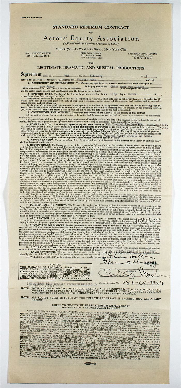 Lot 10 - OKLAHOMA! Celeste Holm's signed contract for...