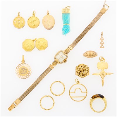 Lot 1162 - Group of Gold and Low Karat Gold Charms and Rings and Gold and Metal Wristwatch