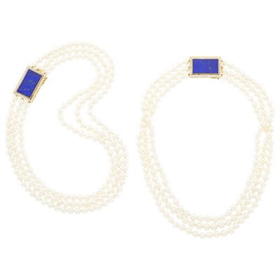 Lot 215 - Pair of Triple Strand Cultured Pearl Necklaces with Gold, Lapis and Diamond Clasps