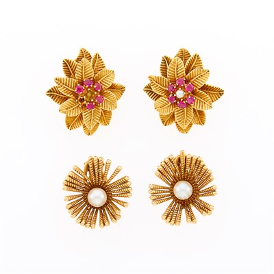Lot 33 - Two Pairs of Cultured Pearl and Ruby Flower Earclips