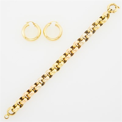 Lot 1014 - Tricolor Gold Link Bracelet and Pair of Gold Hoops Earrings