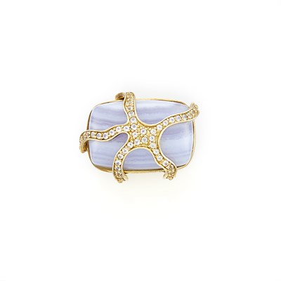 Lot 1008 - Angelique de Paris Silver-Gilt, Blue Lace Agate, Cubic Zirconia and Brown Chalcedony Ring
