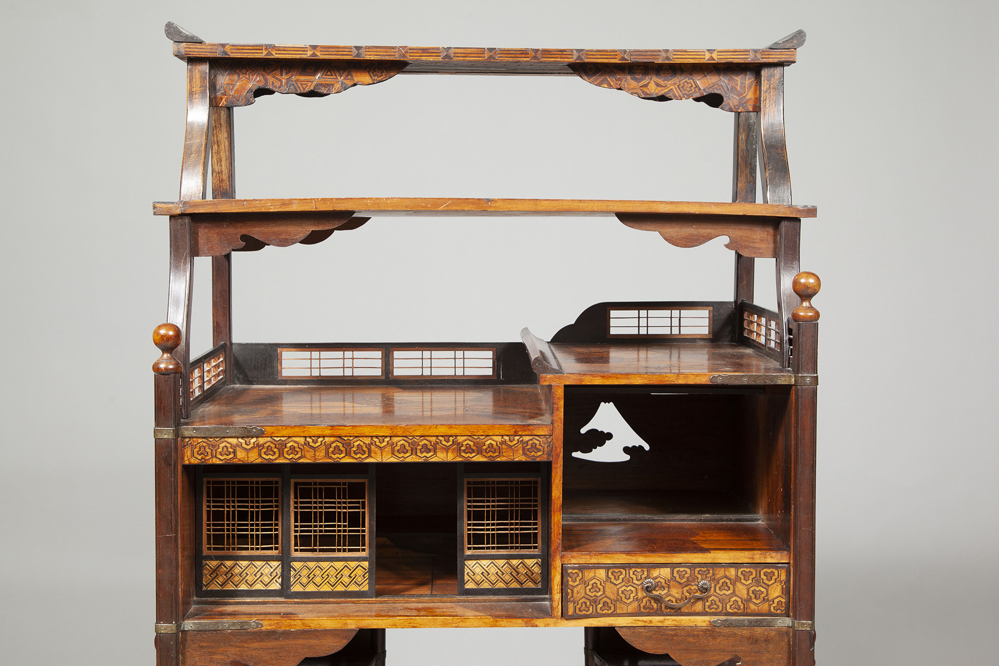 Japanese Antique Shodana Cabinet, Carved Bone & Pearl, Meiji Period 1900