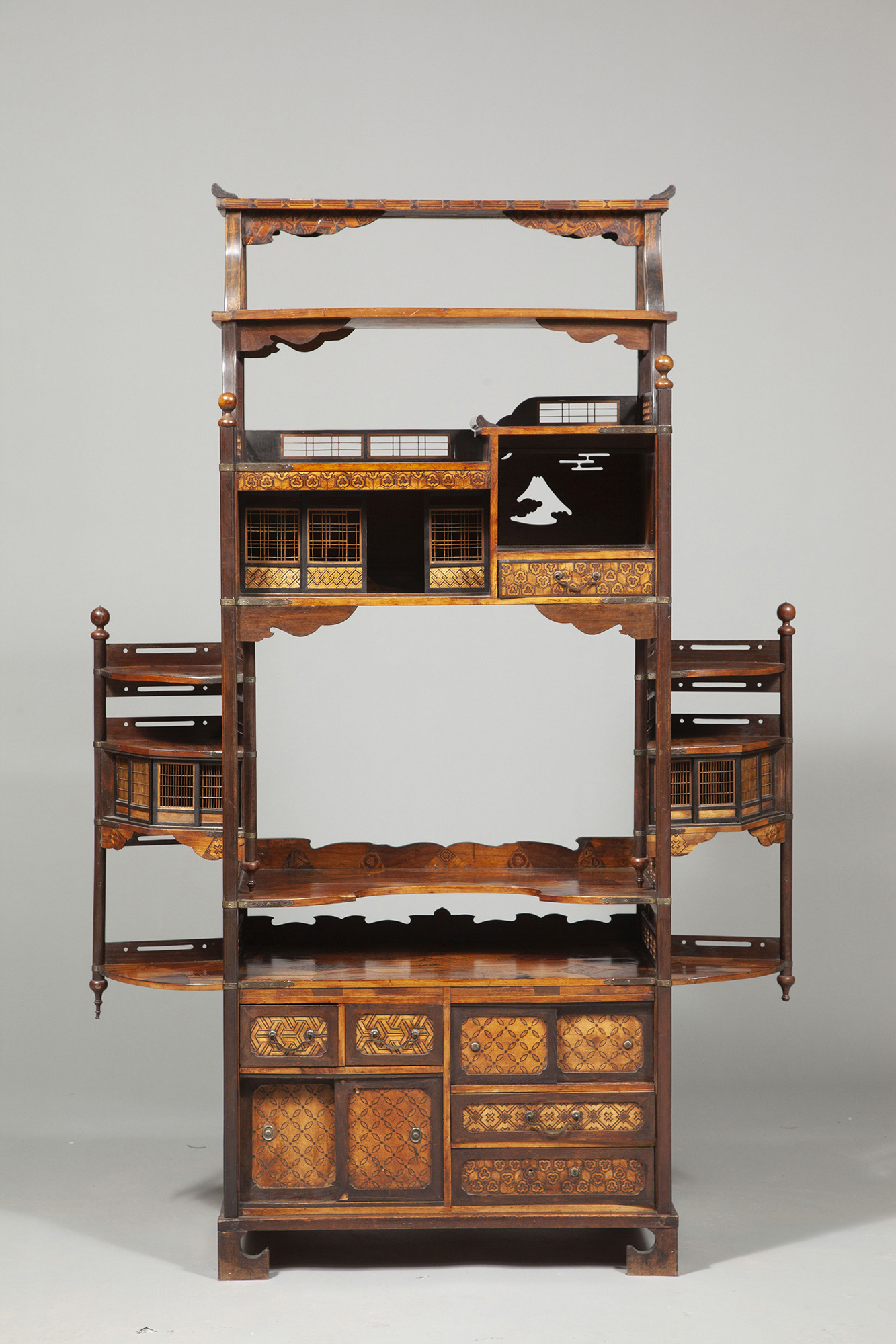 Japanese Antique Shodana Cabinet, Carved Bone & Pearl, Meiji Period 1900