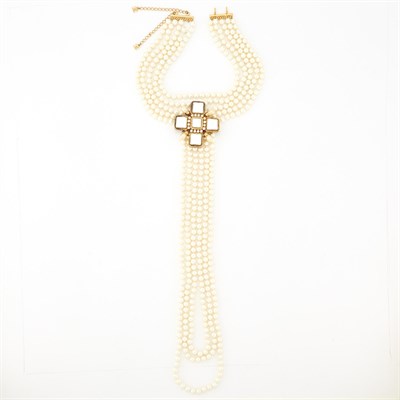 Lot 2067 - Chanel Gilt-Metal, White Lacquer and Imitation Pearl Cross Pendant-Necklace