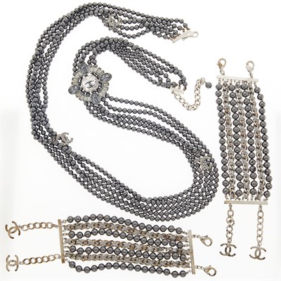 Lot 2090 - Attributed to Chanel Multistrand Black Imitation Pearl and Rhinestone Necklace and Two Bracelets