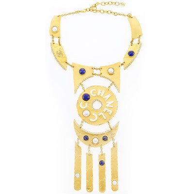 Lot 1078 - Gold-Tone Metal, Imitation Lapis, Pearl and Paste Pendant-Necklace, Chanel