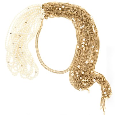 Lot 2068 - Multistrand Gilt-Metal, Imitation Pearl and Rhinestone Tassel Necklace