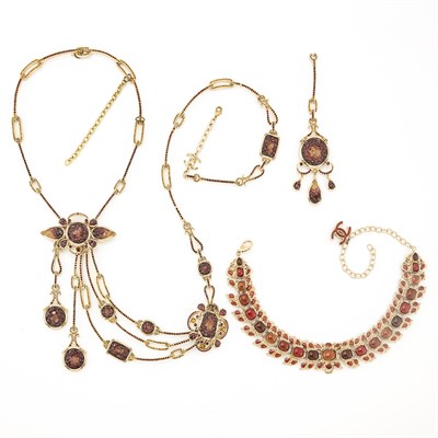 Lot 2077 - Chanel Gilt-Metal and Purple Glass Swag Wrap Necklace and Colored Glass and Lacquer Choker Necklace