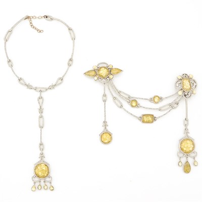 Lot 2091 - Chanel Metal, Rhinestone and Yellow Glass Pendant-Necklace and Swag Brooch, France