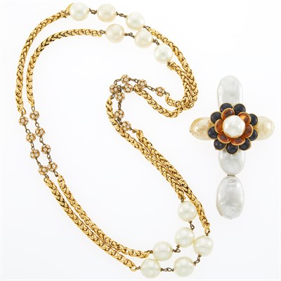 Lot 1047 - Chanel Oversized Gold-Tone Metal, Imitation Pearl, Rhinestone and Gripoix Glass Pendant and Long Chain Necklace, France