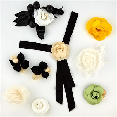 Lot 2094 - Chanel Fabric Flower Choker Tassle Necklace and Eight Flower Pins, France