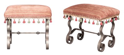 Lot 130 - Pair of Velvet-Upholstered Wrought-Iron Stools...