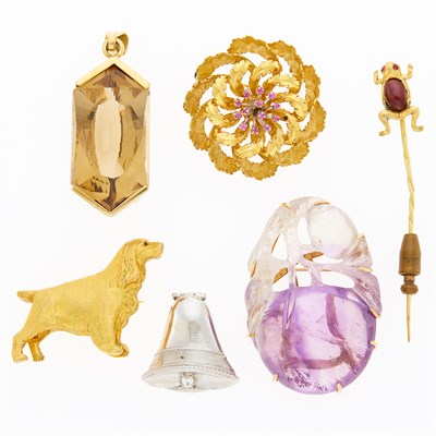 Lot 1260 - Four Gold and Colored Stone Brooches, Stick Pin and Pendant