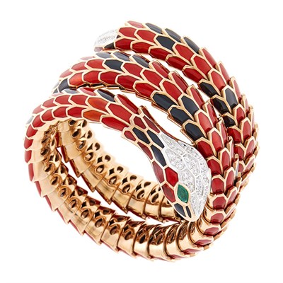 Lot 50 - Rose Gold-Plated Sterling Silver, White Gold, Enamel and Diamond Snake Bracelet