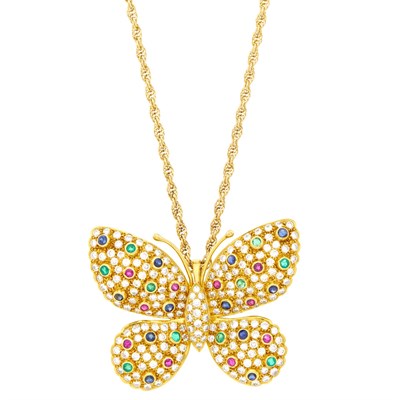 Lot 21 - Gold, Diamond and Gem-Set Butterfly Pendant-Brooch with Chain