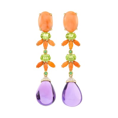Lot 105 - Pair of Gold, Coral, Amethyst, Peridot, Green Garnet and Diamond Pendant-Earclips