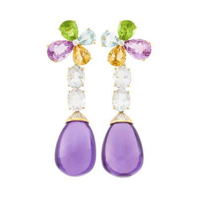 Lot 9 - Pair of Gold, Amethyst, Peridot, Aquamarine and Diamond Pendant-Earclips