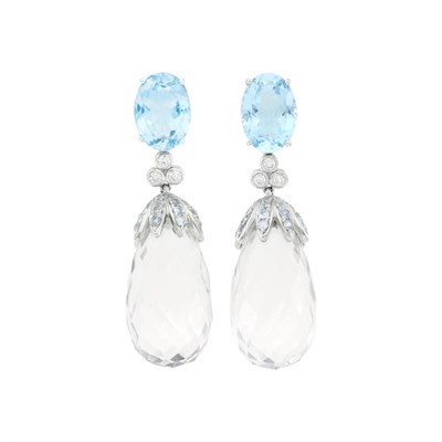 Lot 59 - Pair of White Gold, Blue Topaz, Diamond and Rock Crystal Briolette Pendant-Earclips