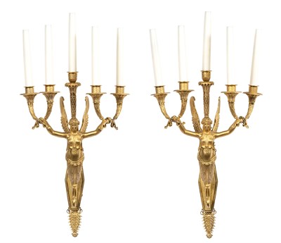Lot 376 - Pair of Empire Ormolu Five-Light Wall Lights...