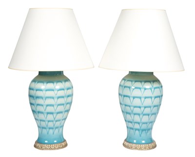 Lot 22 - Pair of Blue and White Glazed Ceramic Baluster-...