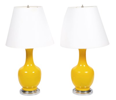 Lot 84 - Pair of Yellow Glazed Porcelain Lamps Height...