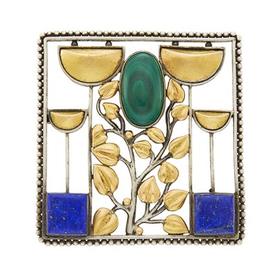 Lot 51 - Wiener Werkstätte Arts and Crafts Silver, Gold, Malachite and Lapis Brooch