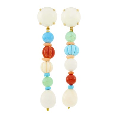 Lot 123 - Pair of Gold, Multicolored Coral, Turquoise and Green Chrysoprase Bead Pendant-Earclips