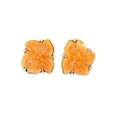 Lot 124 - Pair of Gold, Carved Coral and Diamond Starfish Earclips