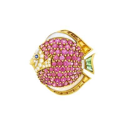 Lot 14 - Jean Vitau Gold, Gem-Set, Mother-of-Pearl and Diamond Blow Fish Brooch
