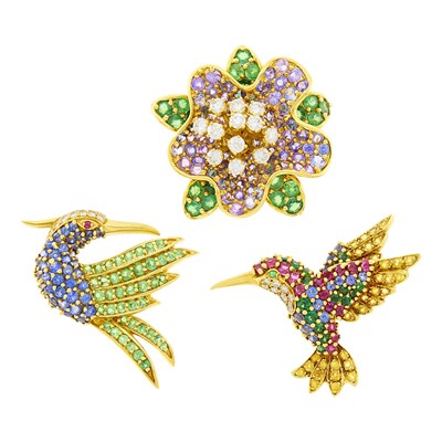 Lot 8 - Jean Vitau Two Gold, Gem-Set and Diamond Bird Pins and Flower Pin