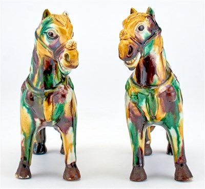 Lot 50 - A Pair of Chinese Sancai Glazed Porcelain Horse-Form Joss Stick Holders