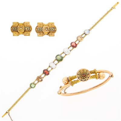Lot 1132 - Antique Gold, Low Karat Gold, Gold-Filled and Gem-Set Bracelet, Bangle Bracelet and Two Pins