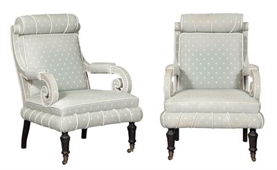 Lot 129 - Pair of Upholstered Ebonized Armchairs Height...
