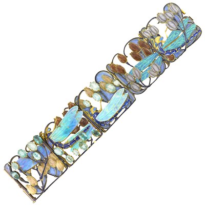 Lot 201 - René Lalique Gold, Carved Opal, Enamel and Aquamarine Dragonfly Bracelet
