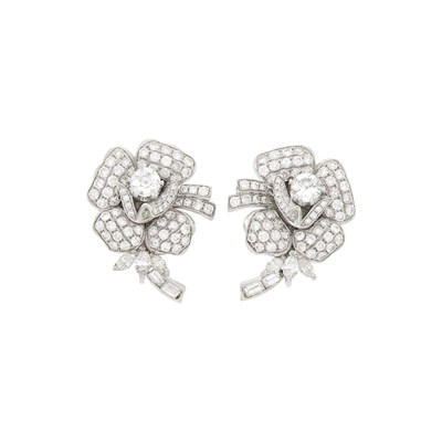 Lot 87 - Pair of White Gold and Diamond Flower Earrings