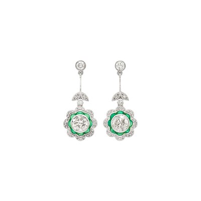 Lot 70 - Pair of Platinum, Diamond and Emerald Flower Pendant-Earrings