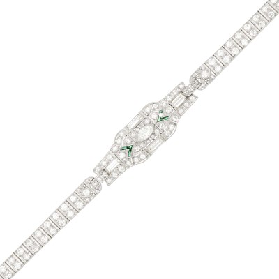 Lot 68 - Platinum, Diamond and Simulated Emerald Bracelet
