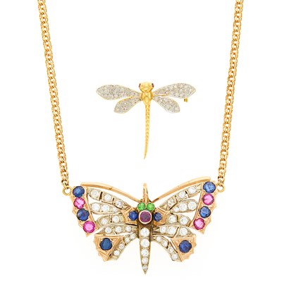 Lot 208 - Two-Color Gold, Diamond and Colored-Stone Butterfly Necklace and Two-Color Gold and Diamond Dragonfly Pin