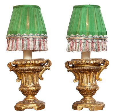 Lot 229 - Pair of Italian Giltwood Small Urn Lamps with...