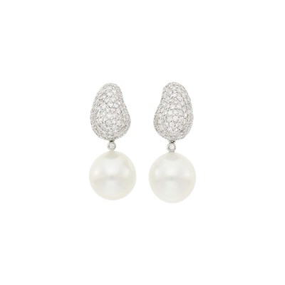 Lot 91 - Pair of White Gold, South Sea Cultured Pearl and Diamond Pendant-Earrings