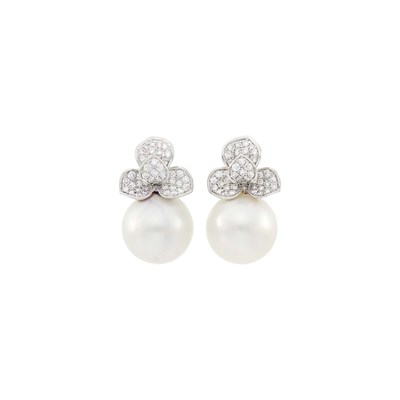 Lot 66 - Pair of White Gold, South Sea Cultured Pearl and Diamond Earrings
