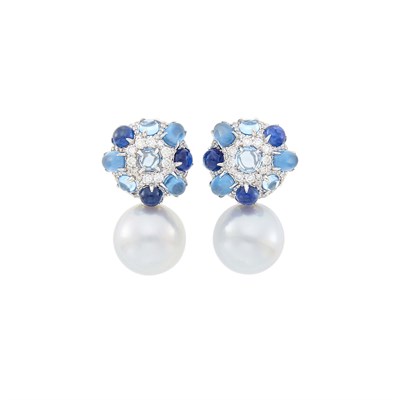 Lot 57 - Pair of White Gold, South Sea Cultured Pearl, Gem-Set and Diamond Pendant-Earrings