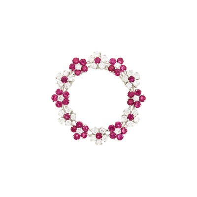 Lot 84 - J.E. Caldwell & Co. Platinum, Ruby and Diamond Circle Pin