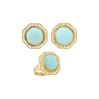 Lot 121 - Cellino Pair of Gold, Turquoise and Diamond Earclips and Turquoise and Diamond Ring